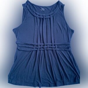 GRACE navy blue sleeveless knit stretch peplum blouse, front piping, Size XL